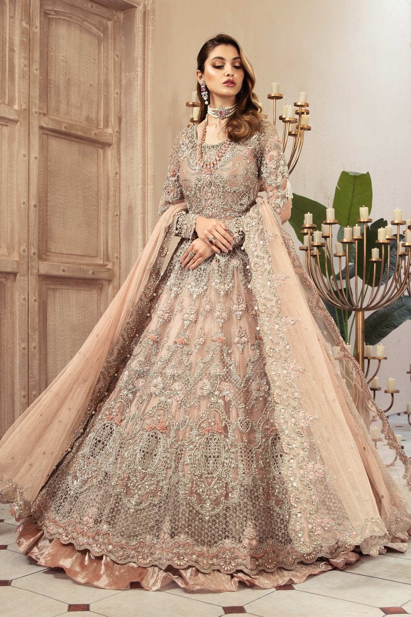 Embroidered Net with Heavy Punching Moti & 3D flowers Lengha - Stitched